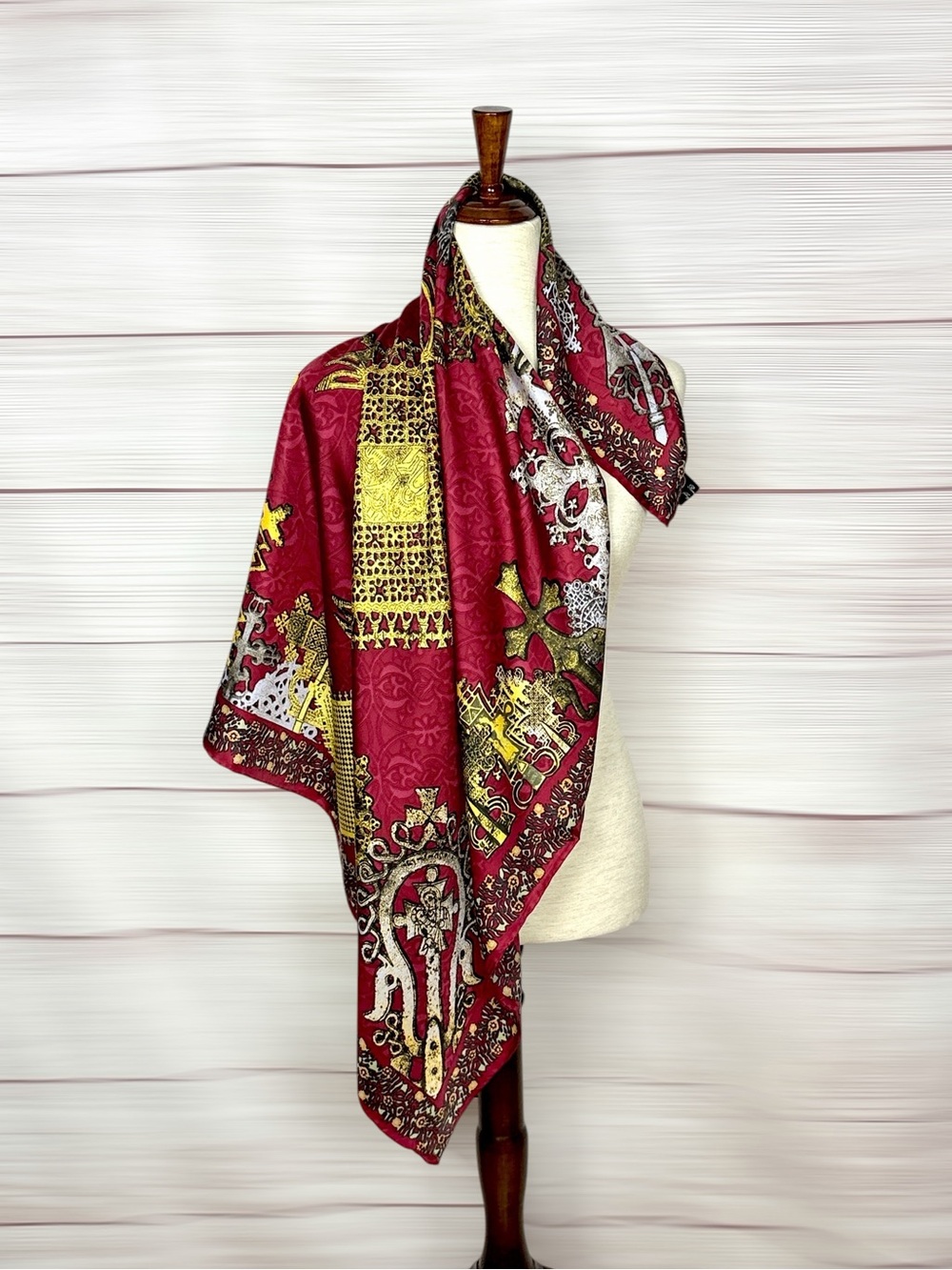 Renaissance Ethiopia Hand Rolled Silk Scarf Wine Gold Ethiopian Cross Print